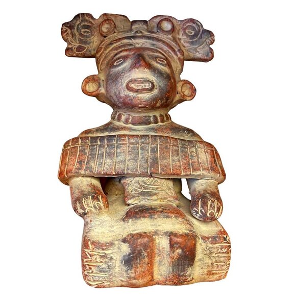 Hand-Sculpted Inca Aztec Terracotta Clay Pottery Sitting Figure Statue 1960s - Picture 1 of 10